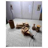 Wooden tennis racket coasters, wood ca, train and