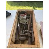 Wood carpenters box and tools
