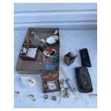 Jose Benito wood box, small milk glass chicken in