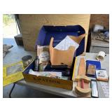 Leather, hat stretcher, keyboard & mouse,