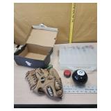 Old baseball glove, top, and musc toys
