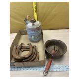 Vintage flour sifter & gas can and set of horse