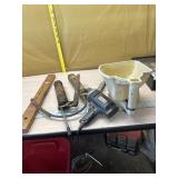 Tote with level, 2 grease guns, drill and seeder