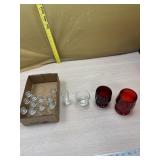 Set of 12 shot glasses, 2 ruby red tumblers