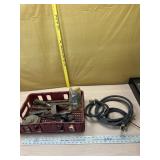 Plastic Dr Pepper crate with hoses, hole saws,