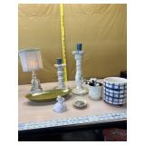 White washed lamp & candle holders wooden, pots