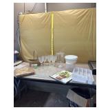 Large glass cheese plate, plastic wine glasses