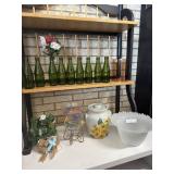 Green bottles,  and lender crock with lid