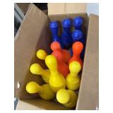 child Bowling Pins and tote of toys