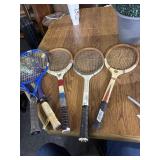 3 vintage wood tennis racket and 3 other
