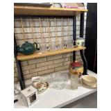 Teapot, glass coffee cups, pitcher, etched glass