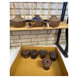 3 stoneware pots with lids and 5 others