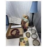 Vintage glass coasters, lamp, dishes and wall art
