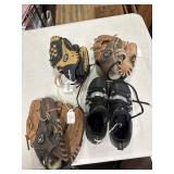 3 baseball gloves and Under Armor Cleats size 1
