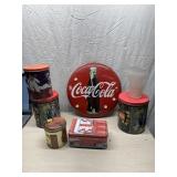 Coca Cola clock, tins and Dr Pepper
