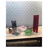 Painted wine box, silverware basket, Pyrex lidded