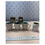 4 Rae Dunn coffee cups and 2 Pretty Ugly Pottery