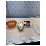 Carnival Glass Bowl, trinket dish, Mickey Mug and