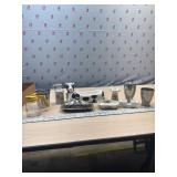 Vintage glass syrup pitcher, bathroom set, butter