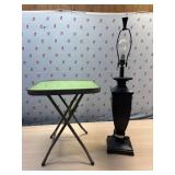 Glass top folding table and black  lamp