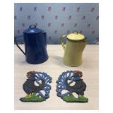Granite ware coffee pots and cast iron rooster