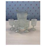 Vintage Diamond Point  glass Pitcher and 4 small