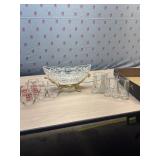 Cut glass fruit bowl with stand, wine glasses and