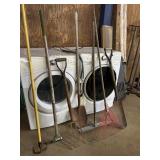 2 hoeï¿½s, beet fork, Shovel, cement float, rake &