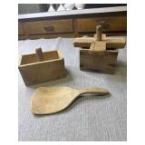 Vintage wood butter molds and paddle