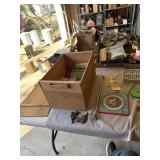 Wooden fruit box with vintage toys