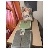 2 vintage scales and bag of hot pads