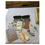 Perfume bottles vintage glasses, wood doll, and
