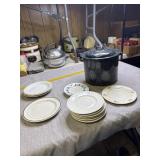 Granite pot and lot of saucers
