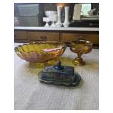 2 pieces of gold & 1 purple Carnival glass: fruit