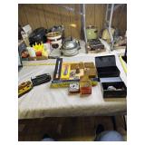 Tin Union Pacific train cars, flashlights, wood