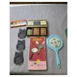 3 small Owl trivets, hand mirrors Savon Imperial