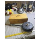 Vintage popcorn popper and wood box with