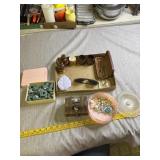Vintage pirate bank, sewing box, powder dish and