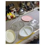 Glass relish tray, platters and casserole dishes
