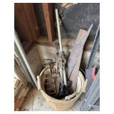 Wood bucket of vintage tools