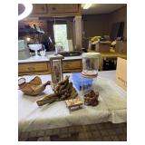 Hand weights, jars, duck wine bottle basket