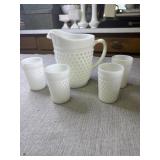 Vintage Milk Glass hobnail pitcher &4 glasses