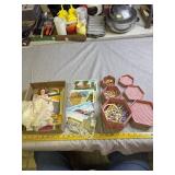 Vintage doll, post cards and jewelry