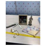 Precision Pocketwatch, straight razor, hand fan,