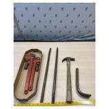 2 Ridged pipe wrenches, pry bars, hammer and