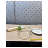 Fire King dish & cup, Pyrex pie plate and corning
