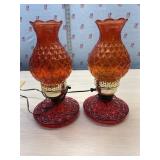 2 Quilted Orange & Ruby  Glass Hurricane Bedside