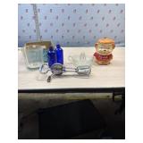 Glass bucket, 2 cobalt bottles, stainless steel