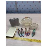 Glass pig banks, small evening bag. Shoes and