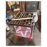 Red Star table, cedar chest parts, small shelf